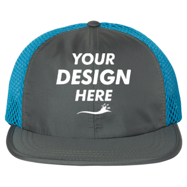Richardson Rogue Wide Set Mesh Cap, Charcoal / Cyan, Front view, Mockup