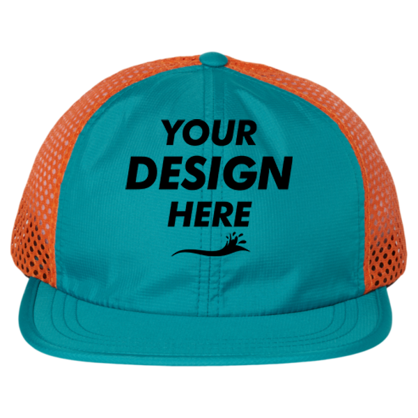 Richardson Rogue Wide Set Mesh Cap, Teal / Orange, Front view, Mockup