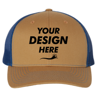 Richardson Snapback Trucker Cap, Biscuit / True Blue / True Blue, Front view, Mockup