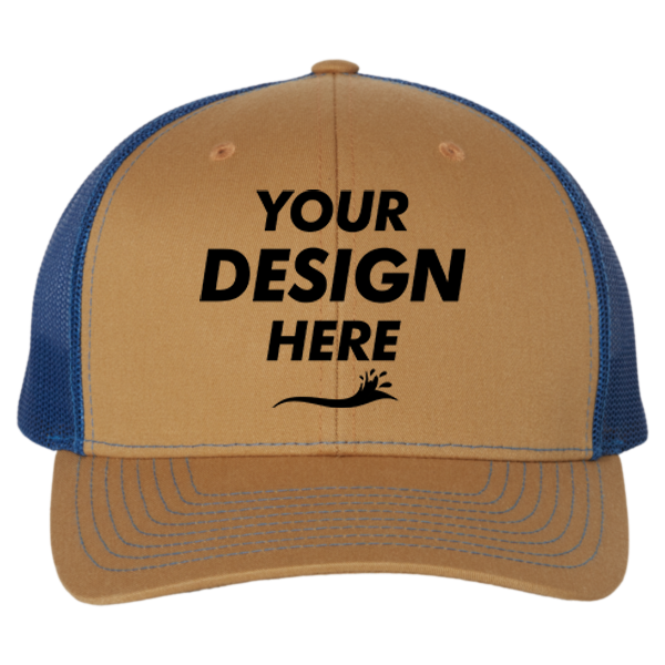 Richardson Snapback Trucker Cap, Biscuit / True Blue / True Blue, Front view, Mockup