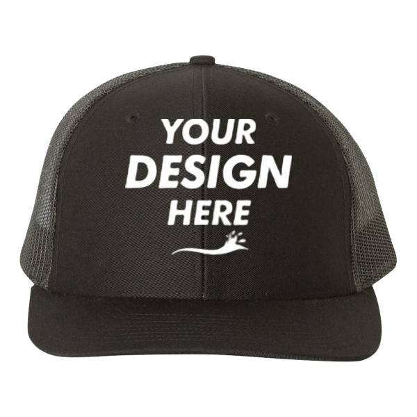 Richardson Snapback Trucker Cap, Black / Black / Black, Front view, Mockup