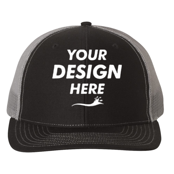 Richardson Snapback Trucker Cap, Black / Charcoal / Charcoal, Front view, Mockup