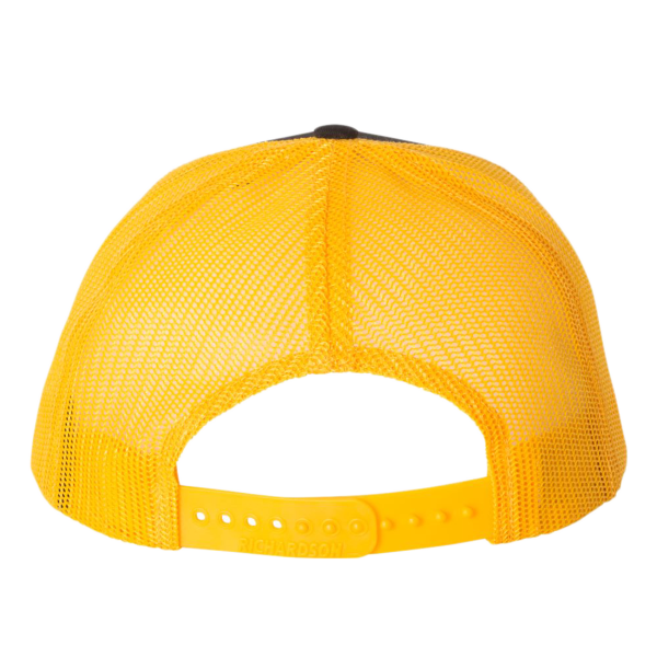 Richardson Snapback Trucker Cap, Black / Gold / Gold, Back view