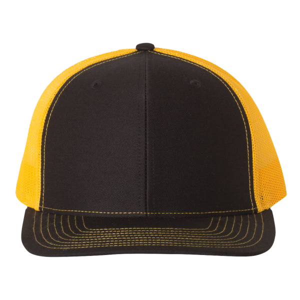 Richardson Snapback Trucker Cap, Black / Gold / Gold, Front view