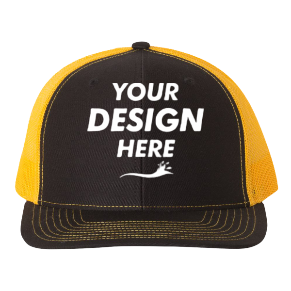 Richardson Snapback Trucker Cap, Black / Gold / Gold, Front view, Mockup