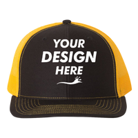 Richardson Snapback Trucker Cap, Black / Gold / Gold, Front view, Mockup