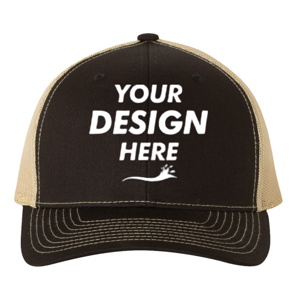 Richardson Snapback Trucker Cap, Black / Vegas Gold / Vegas Gold, Front view, Mockup