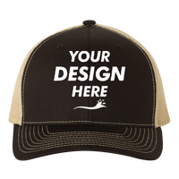 Richardson Snapback Trucker Cap, Black / Vegas Gold / Vegas Gold, Front view, Mockup