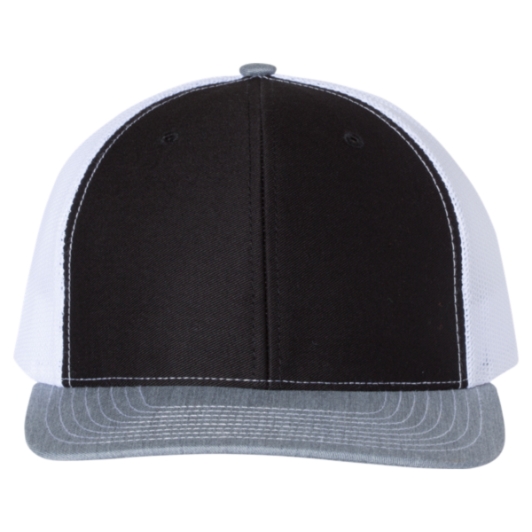 Richardson Snapback Trucker Cap, Black / White / Heather Grey, Front view