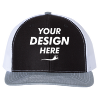 Richardson Snapback Trucker Cap, Black / White / Heather Grey, Front view, Mockup