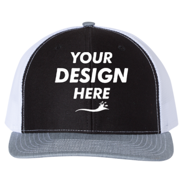 Richardson Snapback Trucker Cap, Black / White / Heather Grey, Front view, Mockup