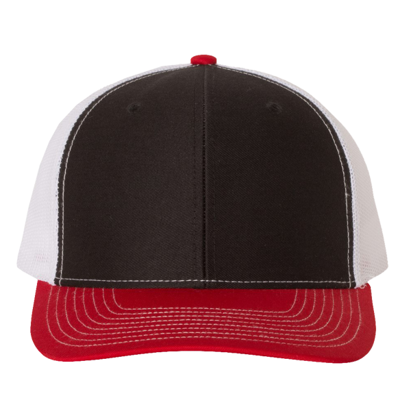 Richardson Snapback Trucker Cap, Black / White / Red, Front view