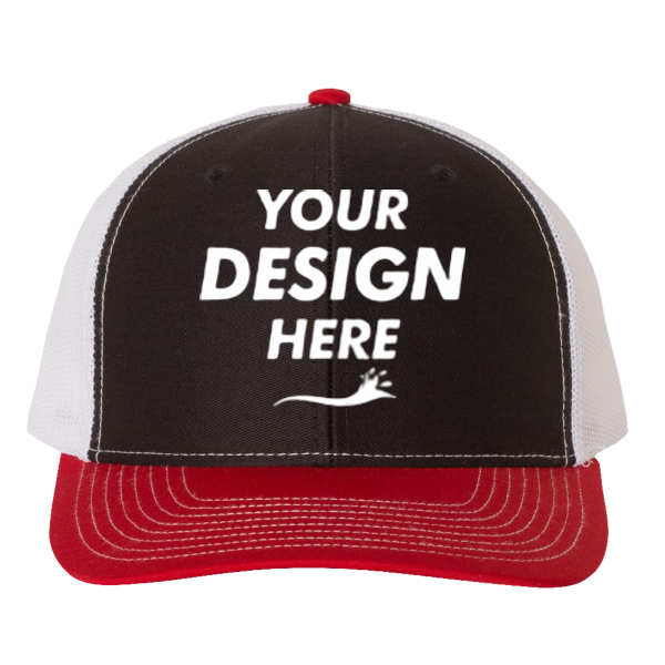 Richardson Snapback Trucker Cap, Black / White / Red, Front view, Mockup