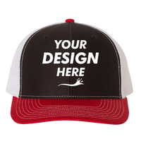 Richardson Snapback Trucker Cap, Black / White / Red, Front view, Mockup