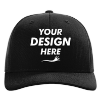 Richardson Sustainable Trucker Cap, Black / Black, Front view, Mockup