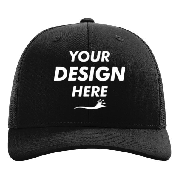 Richardson Sustainable Trucker Cap, Black / Black, Front view, Mockup