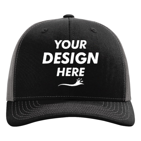 Richardson Sustainable Trucker Cap, Black / Charcoal, Front view, Mockup