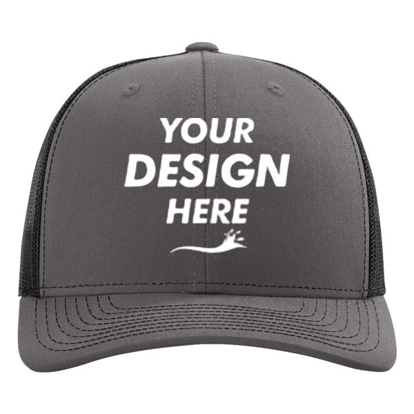 Richardson Sustainable Trucker Cap, Charcoal / Black, Front view, Mockup
