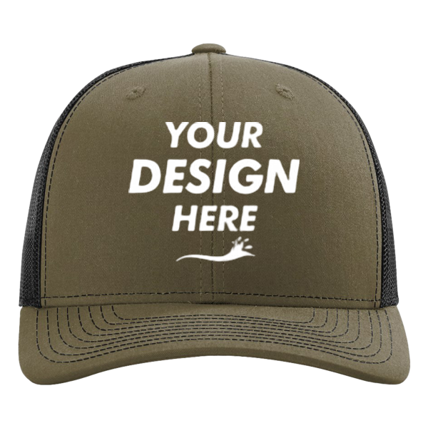 Richardson Sustainable Trucker Cap, Loden / Black, Front view, Mockup