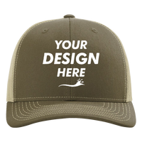 Richardson Sustainable Trucker Cap, Loden / Khaki, Front view, Mockup