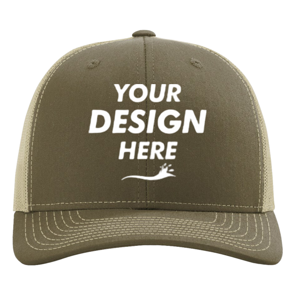 Richardson Sustainable Trucker Cap, Loden / Khaki, Front view, Mockup