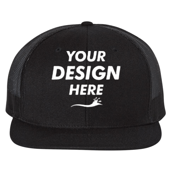 Richardson Wool Blend Flat Bill Trucker Cap, Black / Black / Black, Front view, Mockup