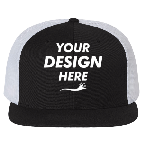 Richardson Wool Blend Flat Bill Trucker Cap, Black / White / White, Front view, Mockup