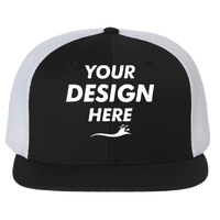 Richardson Wool Blend Flat Bill Trucker Cap, Black / White / White, Front view, Mockup