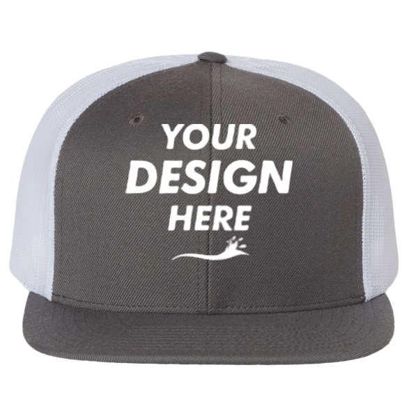 Richardson Wool Blend Flat Bill Trucker Cap, Charcoal / White / White, Front view, Mockup