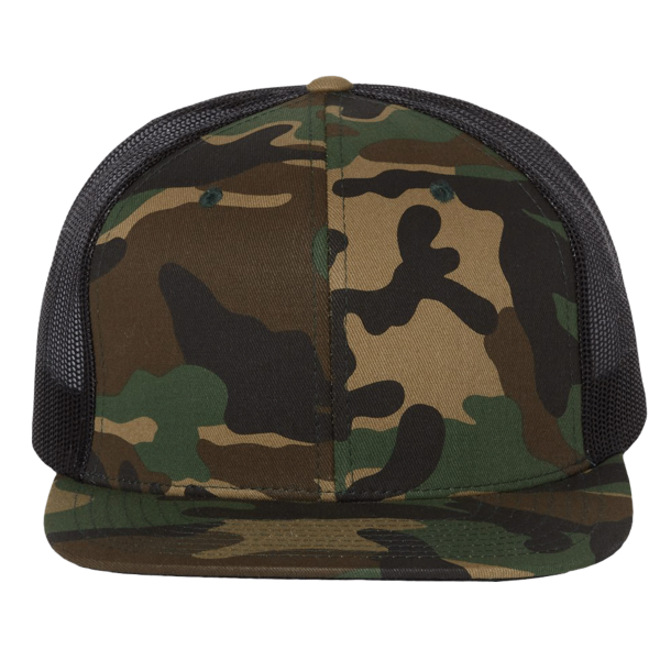Richardson Wool Blend Flat Bill Trucker Cap, Green Camo / Black / Black, Front view