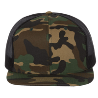 Richardson Wool Blend Flat Bill Trucker Cap, Green Camo / Black / Black, Front view