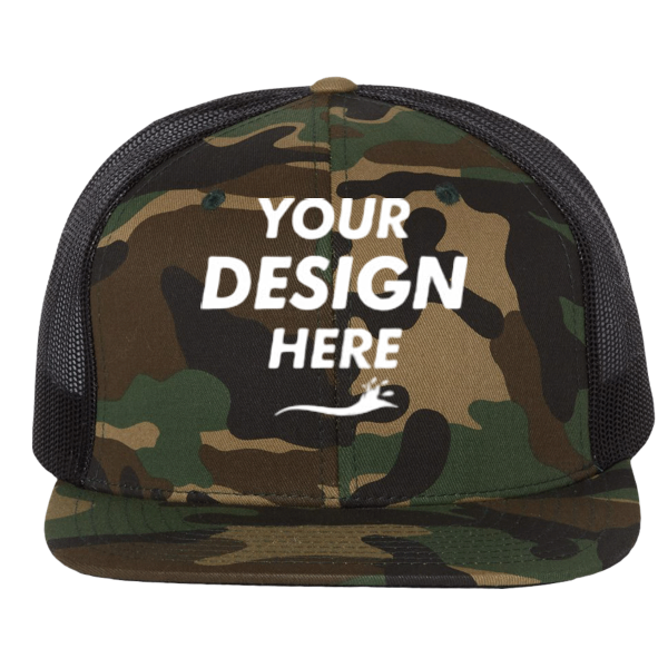 Richardson Wool Blend Flat Bill Trucker Cap, Green Camo / Black / Black, Front view, Mockup