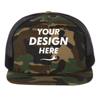 Richardson Wool Blend Flat Bill Trucker Cap, Green Camo / Black / Black, Front view, Mockup