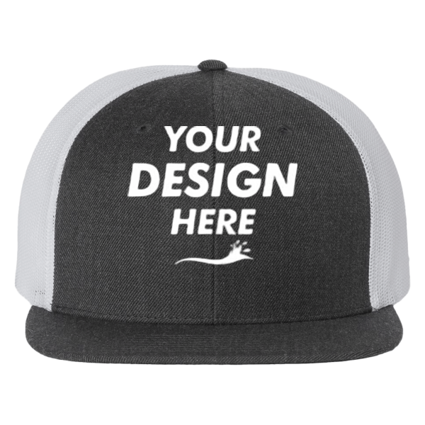 Richardson Wool Blend Flat Bill Trucker Cap, Heather Charcoal / White / White, Front view, Mockup