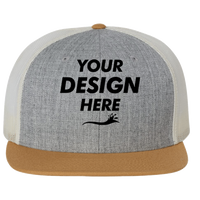 Richardson Wool Blend Flat Bill Trucker Cap, Heather Grey / Birch / Biscuit, Front view, Mockup