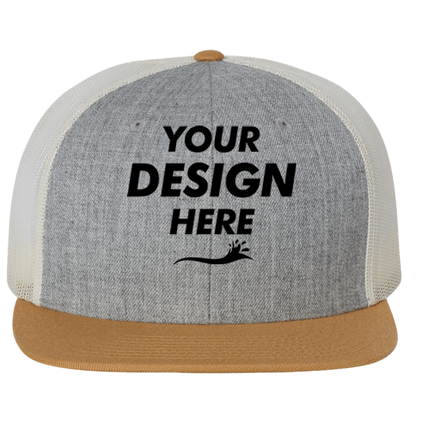 Richardson Wool Blend Flat Bill Trucker Cap, Heather Grey / Birch / Biscuit, Front view, Mockup