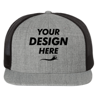 Richardson Wool Blend Flat Bill Trucker Cap, Heather Grey / Black / Black, Front view, Mockup