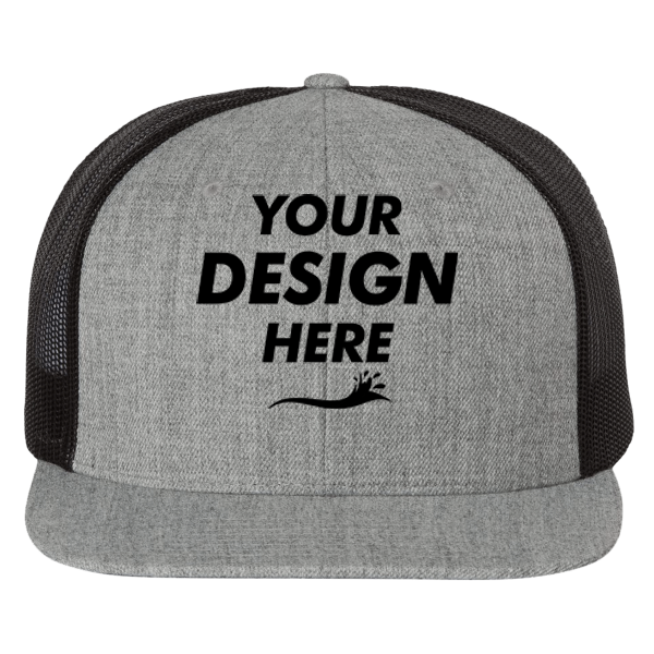 Richardson Wool Blend Flat Bill Trucker Cap, Heather Grey / Black / Black, Front view, Mockup