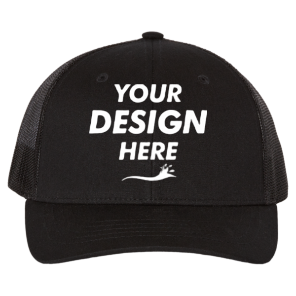Richardson Youth Trucker Snapback Cap, Black / Black, Front view, Mockup