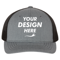 Richardson Youth Trucker Snapback Cap, Heather Grey / Black, Front view, Mockup