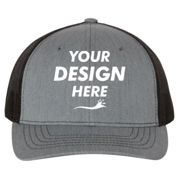 Richardson Youth Trucker Snapback Cap, Heather Grey / Black, Front view, Mockup