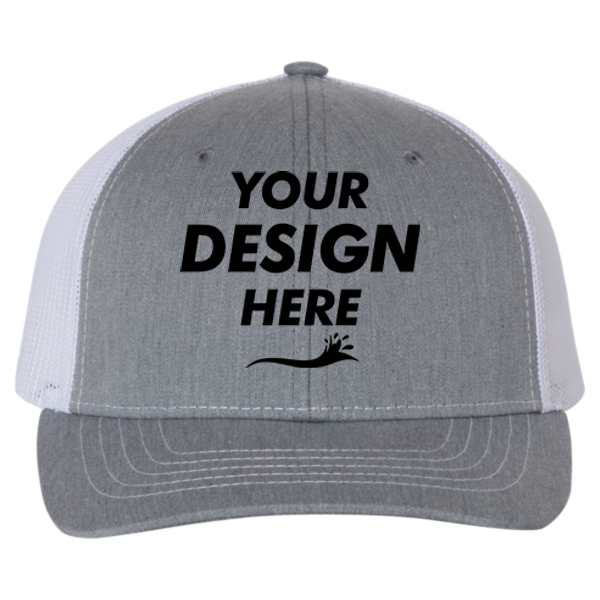 Richardson Youth Trucker Snapback Cap, Heather Grey / White, Front view, Mockup