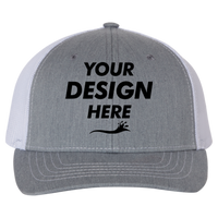 Richardson Youth Trucker Snapback Cap, Heather Grey / White, Front view, Mockup