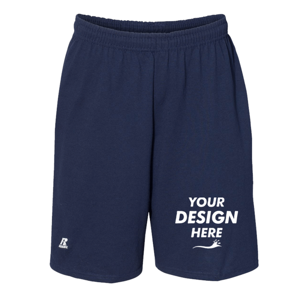 Russell Athletic Men's Cotton Classic Jersey Shorts with Pockets, Navy, Front view, Mockup