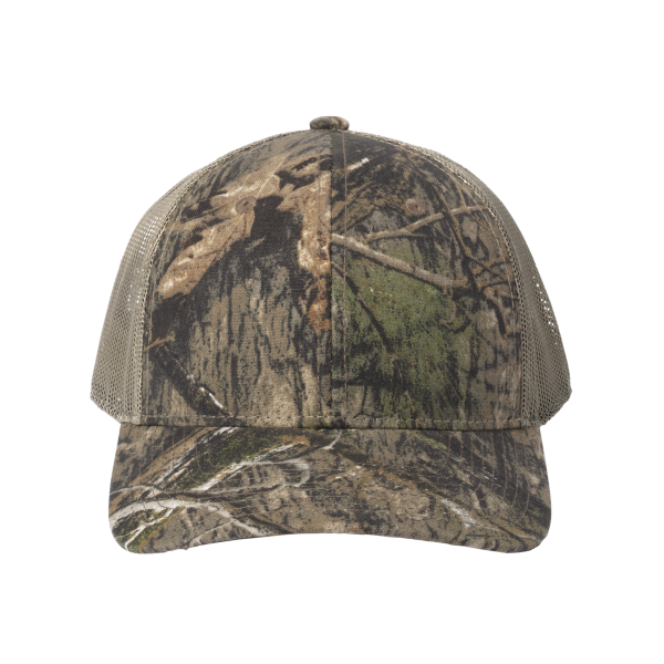 Russell Outdoors Camo Snapback Trucker Cap, Mossy Oak Dna / Khaki, Front view