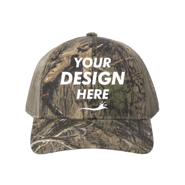 Russell Outdoors Camo Snapback Trucker Cap, Mossy Oak Dna / Khaki, Front view, Mockup
