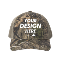 Russell Outdoors Camo Snapback Trucker Cap, Mossy Oak Dna / Khaki, Front view, Mockup