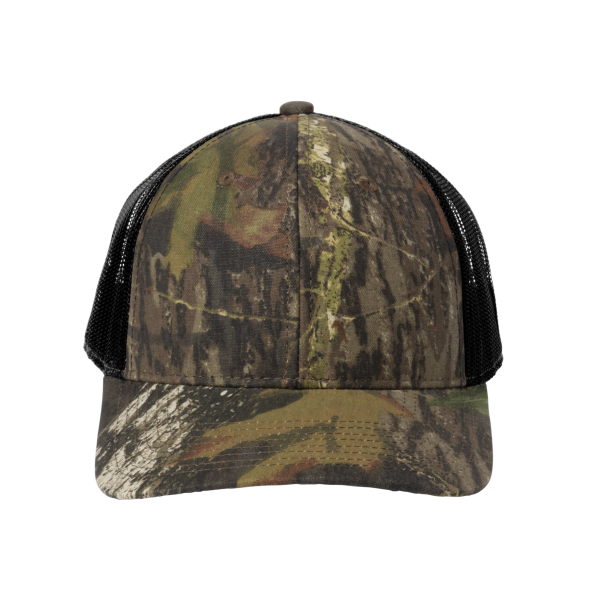 Russell Outdoors Camo Snapback Trucker Cap, Mossy Oak New Break Up / Deep Black, Front view
