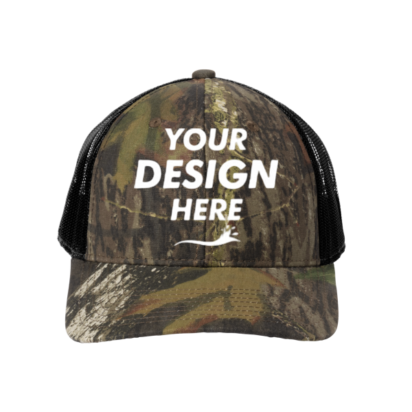 Russell Outdoors Camo Snapback Trucker Cap, Mossy Oak New Break Up / Deep Black, Front view, Mockup
