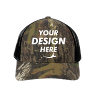 Russell Outdoors Camo Snapback Trucker Cap, Mossy Oak New Break Up / Deep Black, Front view, Mockup